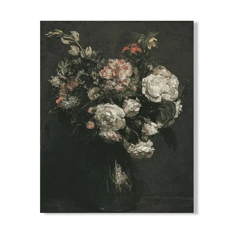 A dark floral still life painting featuring a bouquet of light pink and white flowers in a dark vase.