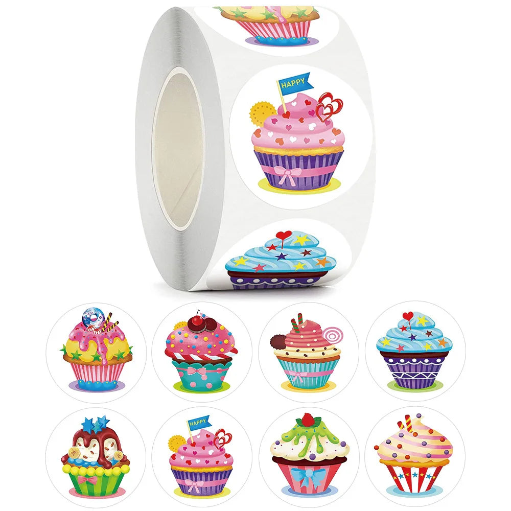 Roll of round sealing labels featuring colorful cupcakes and festive designs for weddings, parties, and gifts