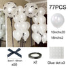 A set of 77 latex bow balloons in white, including balloons, glue dots, and ribbon for decoration.