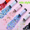 Colorful confetti cannons in various colors like pink blue and purple are shown being used for parties.