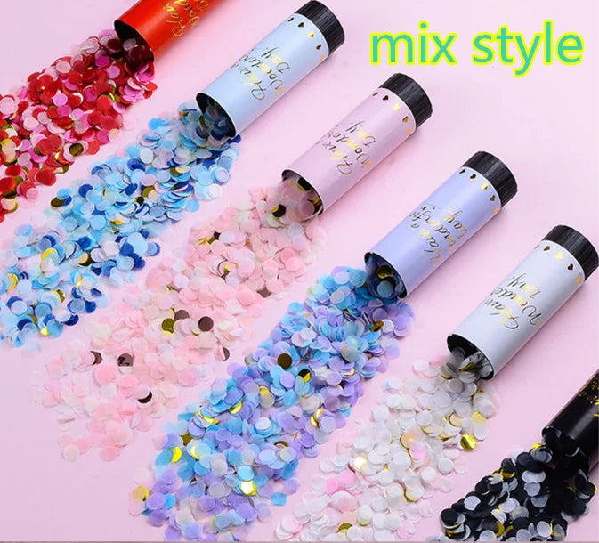 Colorful confetti cannons in various colors like pink blue and purple are shown being used for parties.