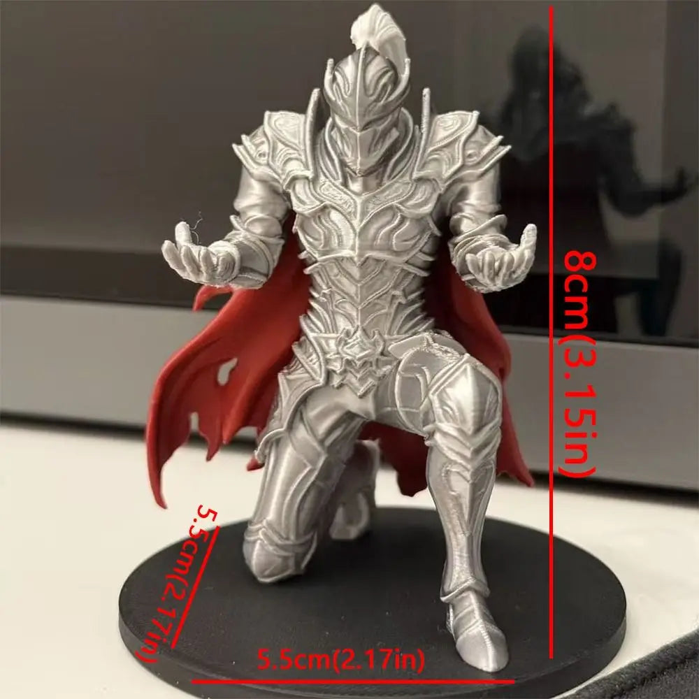 A silver 3D printed knight figurine in a dynamic pose with a red cape, shown against a white background.