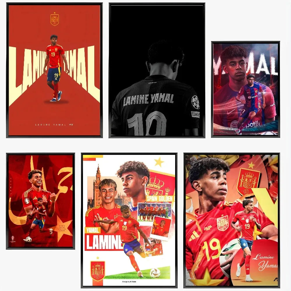 A collection of wall art posters featuring Lamine Yamal in various football kits and poses.