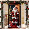 A festive banner featuring a Christmas Santa and elk figure in a wooden door frame decorated with greenery.