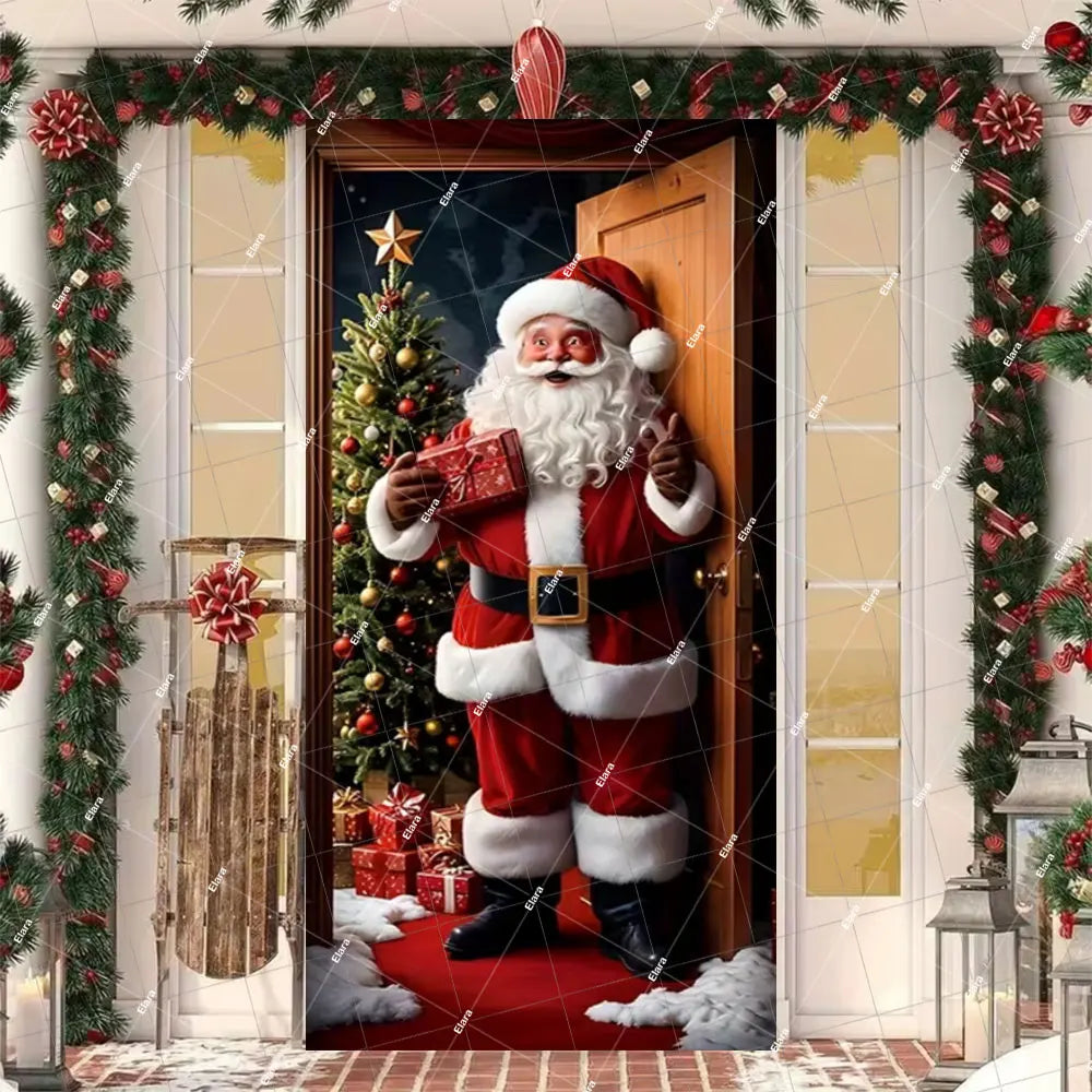 A festive banner featuring a Christmas Santa and elk figure in a wooden door frame decorated with greenery.