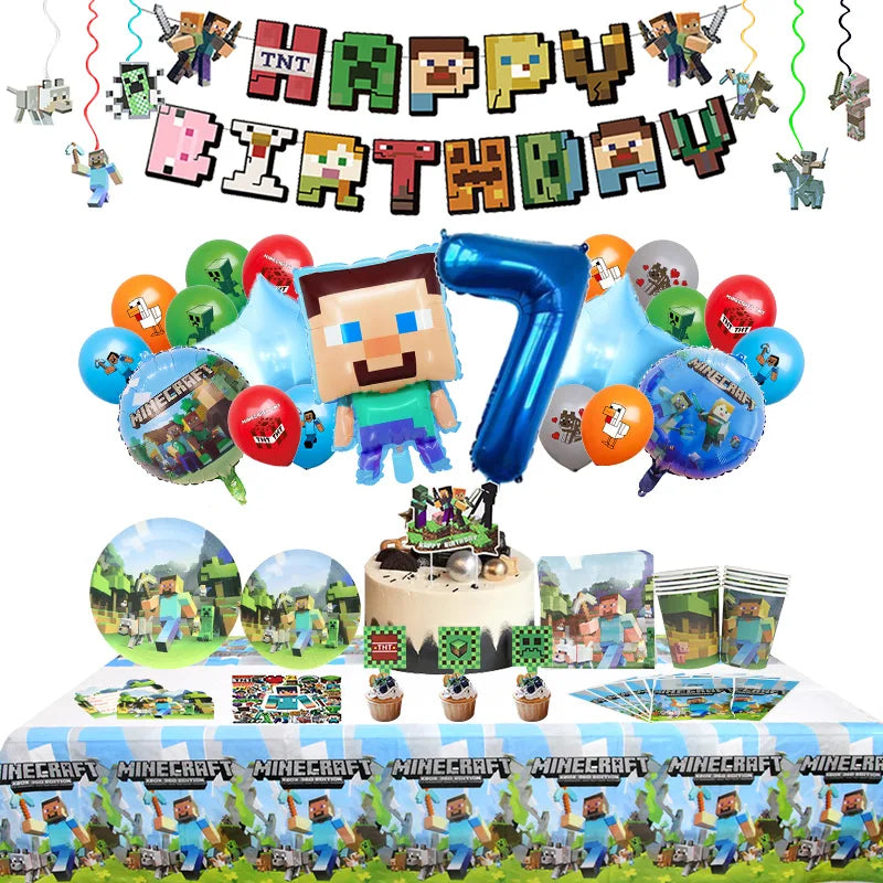 A colorful birthday party decoration kit featuring balloons, tableware, and themed elements for a celebration.