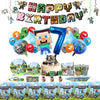 A colorful birthday party decoration kit featuring balloons, tableware, and themed elements for a celebration.