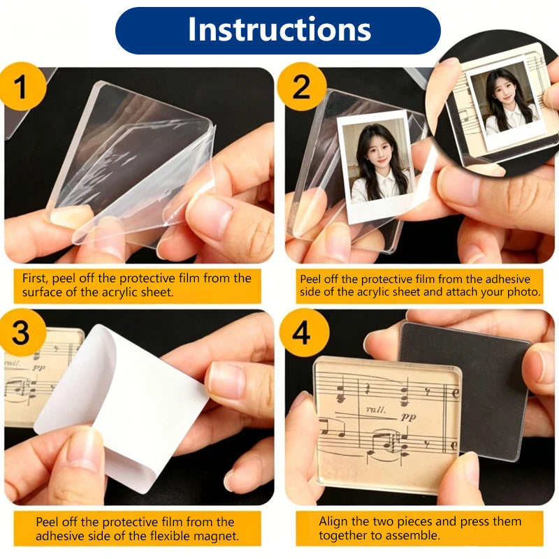 Instructions for assembling a DIY acrylic fridge magnet kit with flexible magnetic backing.