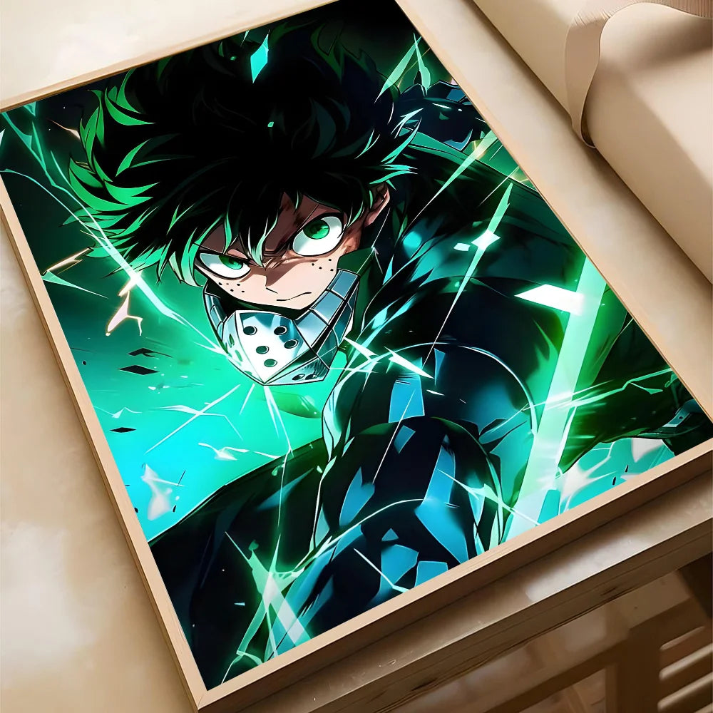 A poster featuring a dynamic illustration of Deku from My Hero Academia with green lightning effects.