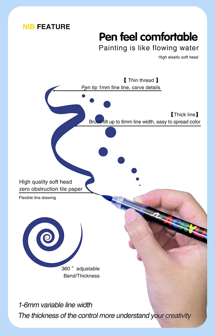A hand holds a pen with a multi-colored barrel, demonstrating the features of a paint marker for drawing and painting.