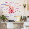 A wall decal featuring butterflies and flowers with inspirational words like Amazing Capable Beautiful Chosen Strong Enough a