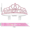 A pink crystal birthday crown and sash set for women featuring a crown design and glittery pink fabric.