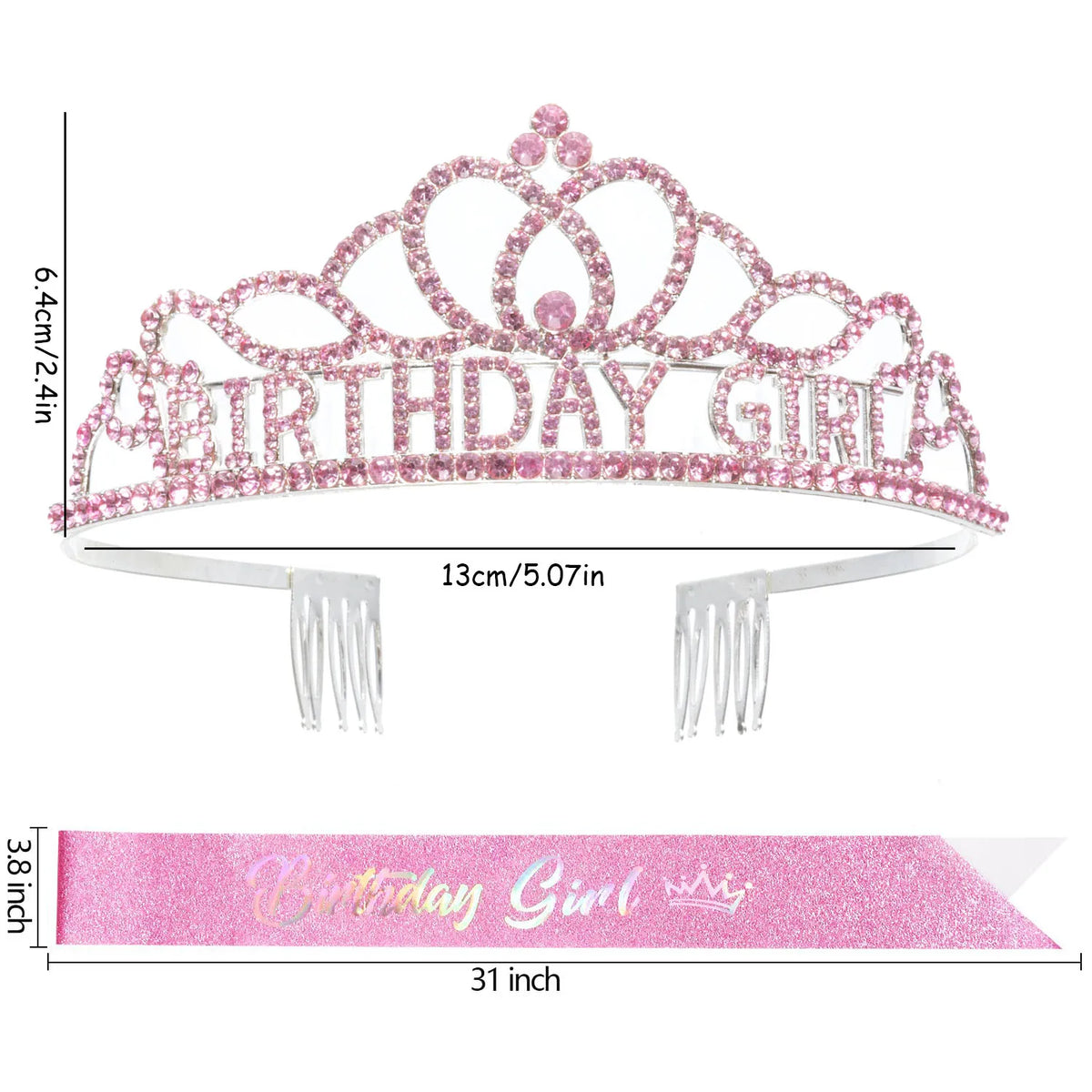A pink crystal birthday crown and sash set for women featuring a crown design and glittery pink fabric.