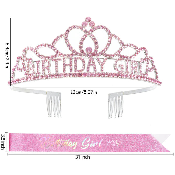 A pink crystal birthday crown and sash set for women featuring a crown design and glittery pink fabric.