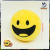 A yellow, smiling plush doll resembling a happy face is shown against a white background.