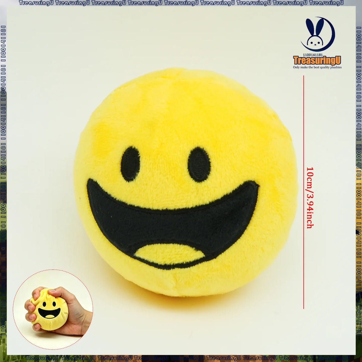 A yellow, smiling plush doll resembling a happy face is shown against a white background.