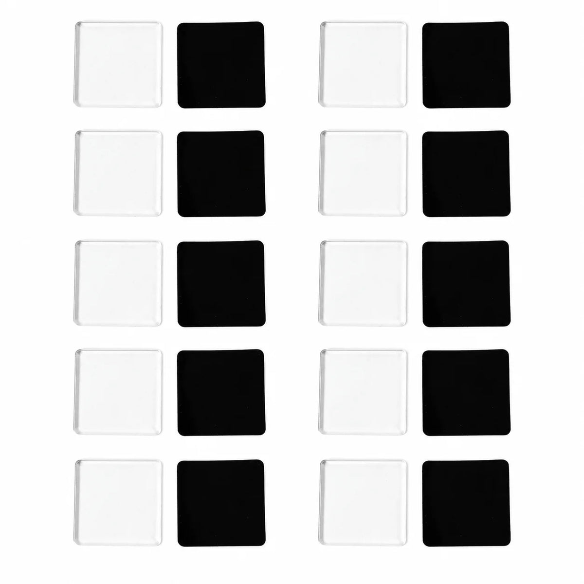 A grid of twelve clear acrylic fridge magnets with black backing for home decor