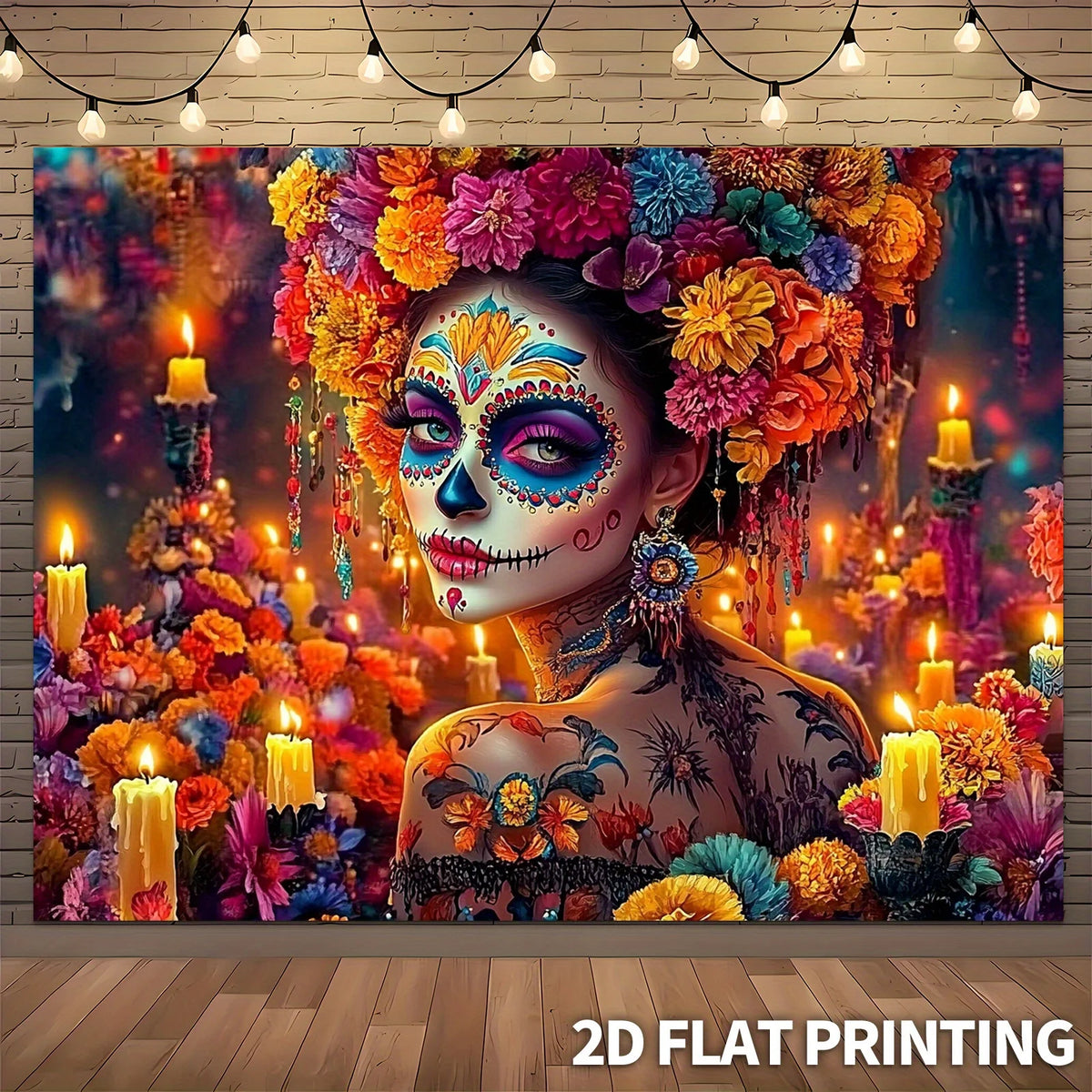 A vibrant painting featuring a woman with a sugar skull face adorned with colorful floral calavera designs and bright lightin