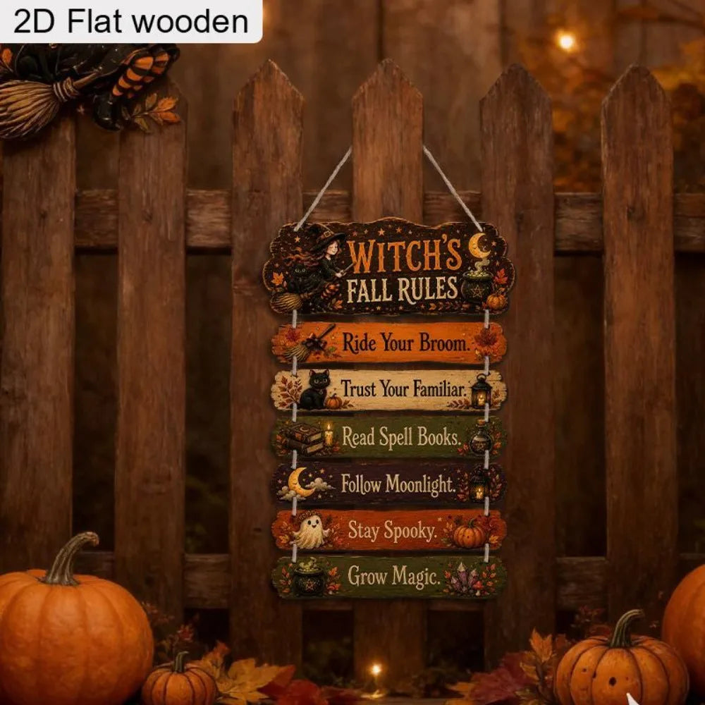 A wooden sign set depicting witch's fall rules carved into a rustic fence backdrop with pumpkins and autumn leaves.