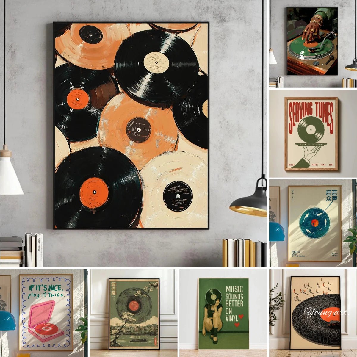 A collection of retro vinyl record canvas art prints featuring various colored and black records.