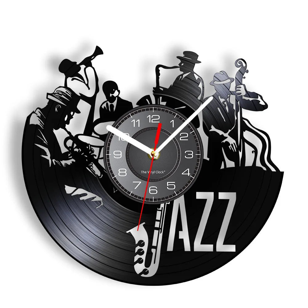 A silhouette of a jazz musician playing a trumpet and saxophone on a vinyl record-shaped wall clock.