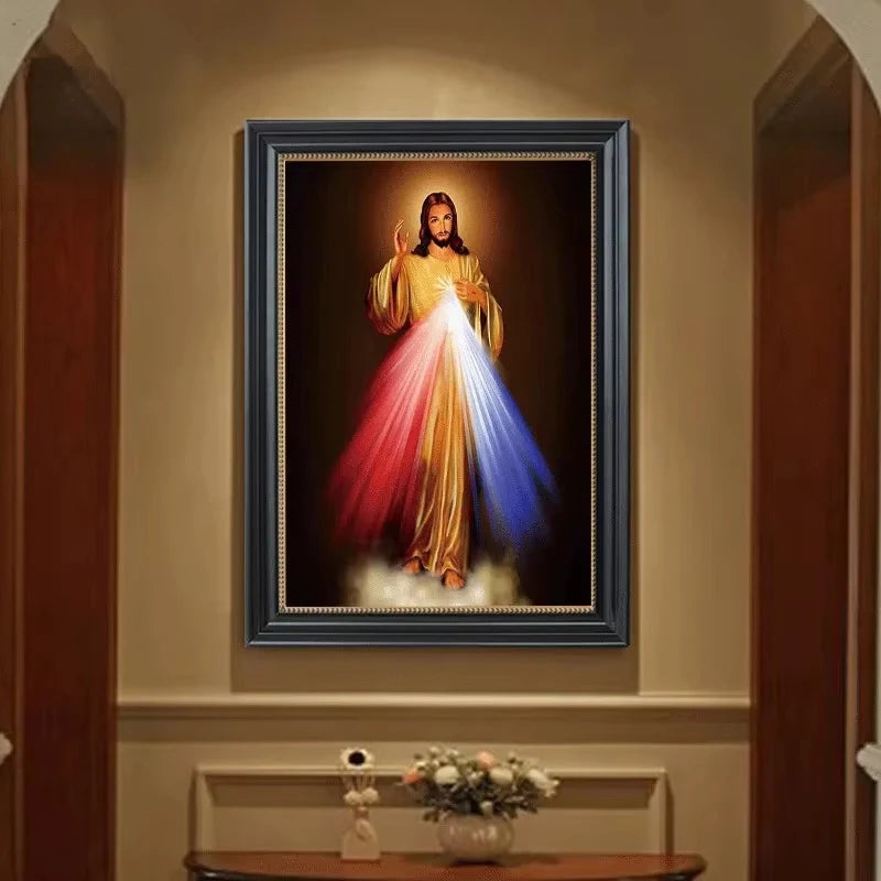 Canvas art print depicting Divine Mercy Jesus with radiant light in a dark background