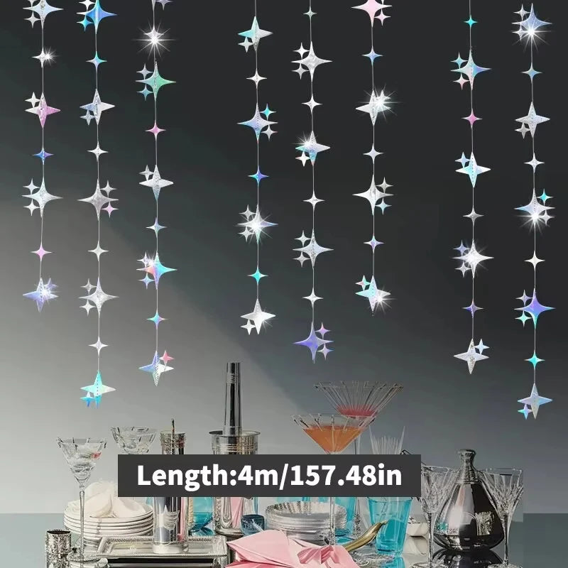 A display of glittering star and polka dot garland lights hanging vertically above a table setting.