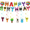 A colorful set of character-themed birthday party supplies featuring various stylized figures and gadgets.