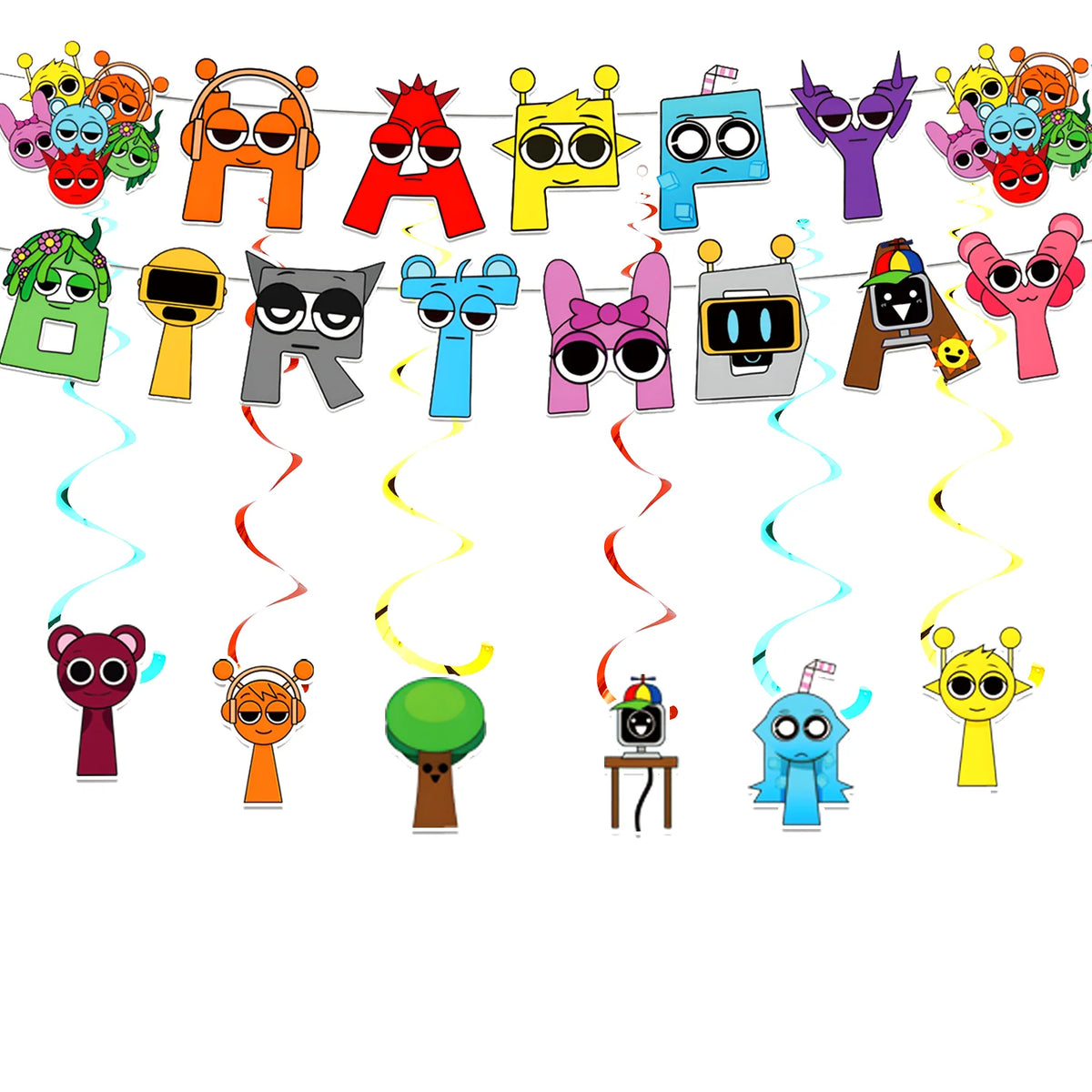 A colorful set of character-themed birthday party supplies featuring various stylized figures and gadgets.