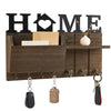 Rustic wooden wall key holder featuring a shelf and seven hooks for keys and accessories.