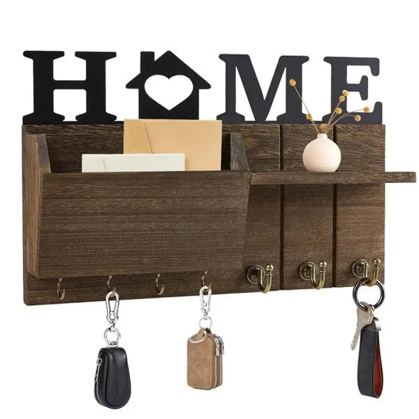 Rustic wooden wall key holder featuring a shelf and seven hooks for keys and accessories.