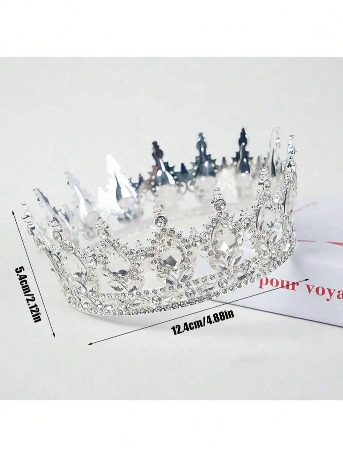 Clear crystal rhinestone crown cake topper with detailed design and measurements.
