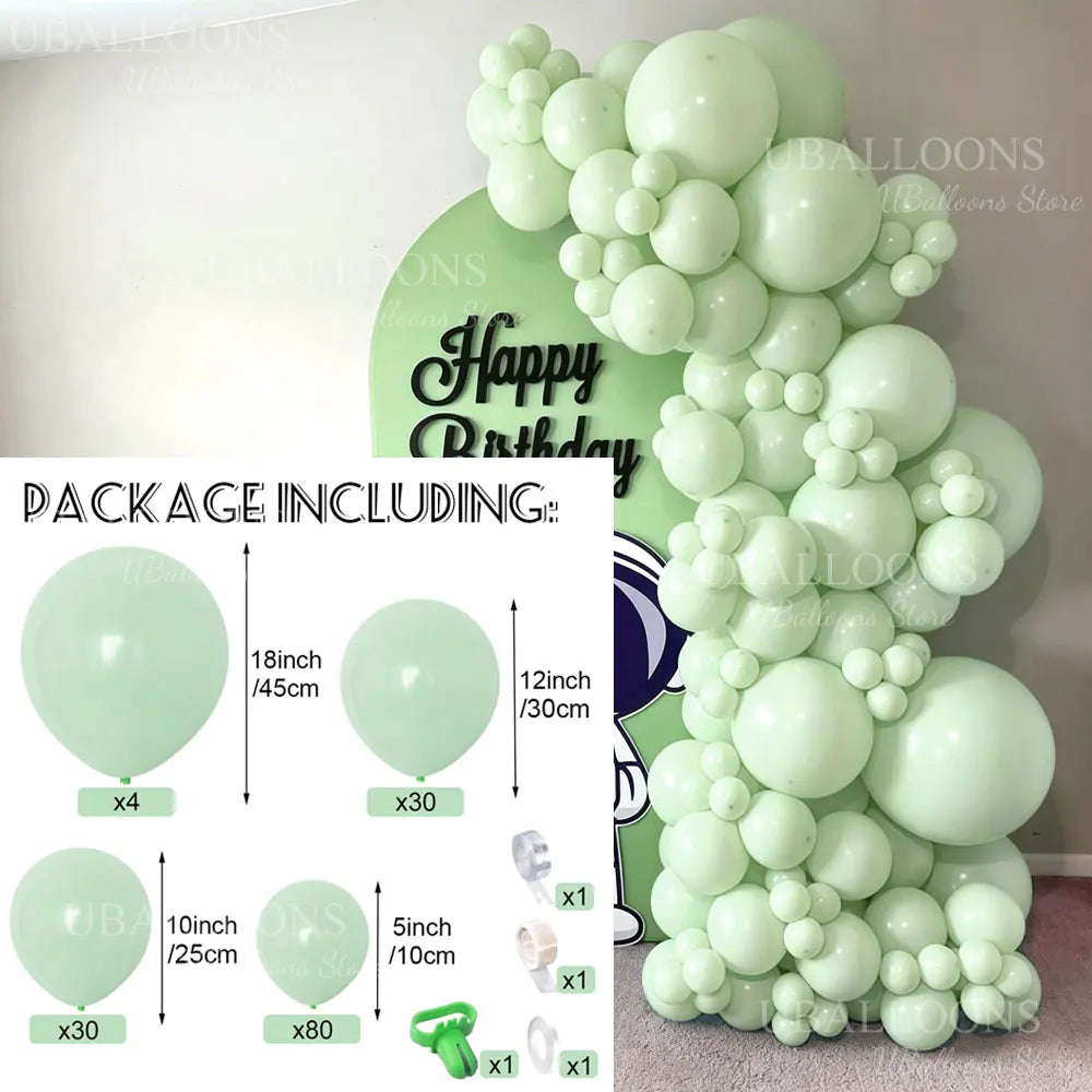 A large arch of pastel green balloons with various sizes and colors, including a package listing.