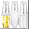 A pack of 50 clear plastic disposable cocktail cups with white straws and lime slices.