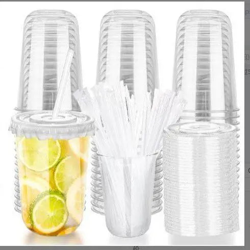 A pack of 50 clear plastic disposable cocktail cups with white straws and lime slices.