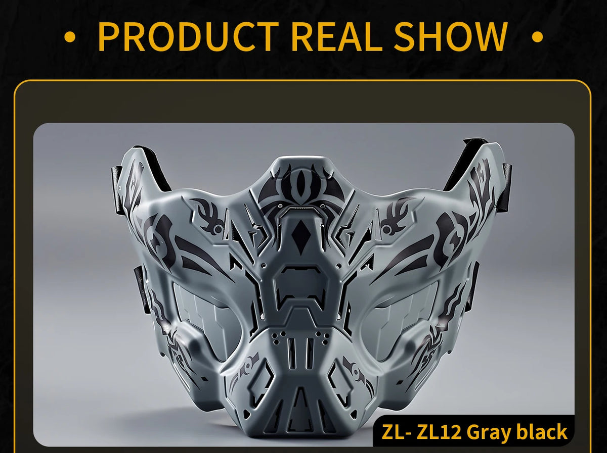 A gray tactical silicone half-face mask shown in a studio setting.