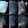 A collection of holographic card sleeves in various designs and colors displayed against a black background.