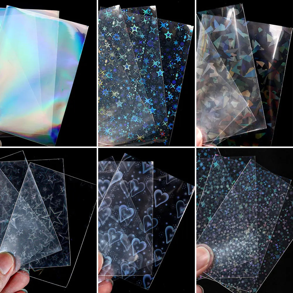 A collection of holographic card sleeves in various designs and colors displayed against a black background.