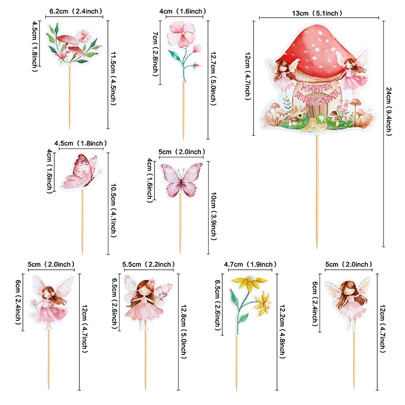 A set of fairy cupcake toppers featuring various floral and butterfly designs on wooden sticks.