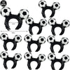 A pack of ten black and white soccer ball balloons used for party decorations.