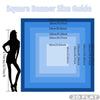 A guide showing various sizes of square banners ranging from 100cm to 200cm with corresponding inch measurements.