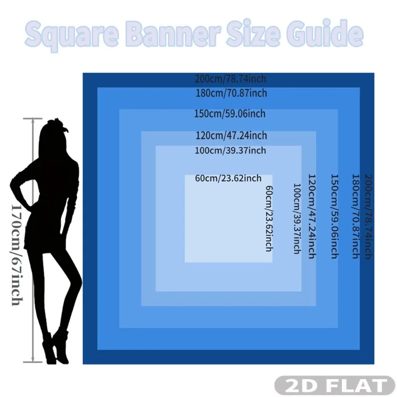 A guide showing various sizes of square banners ranging from 100cm to 200cm with corresponding inch measurements.