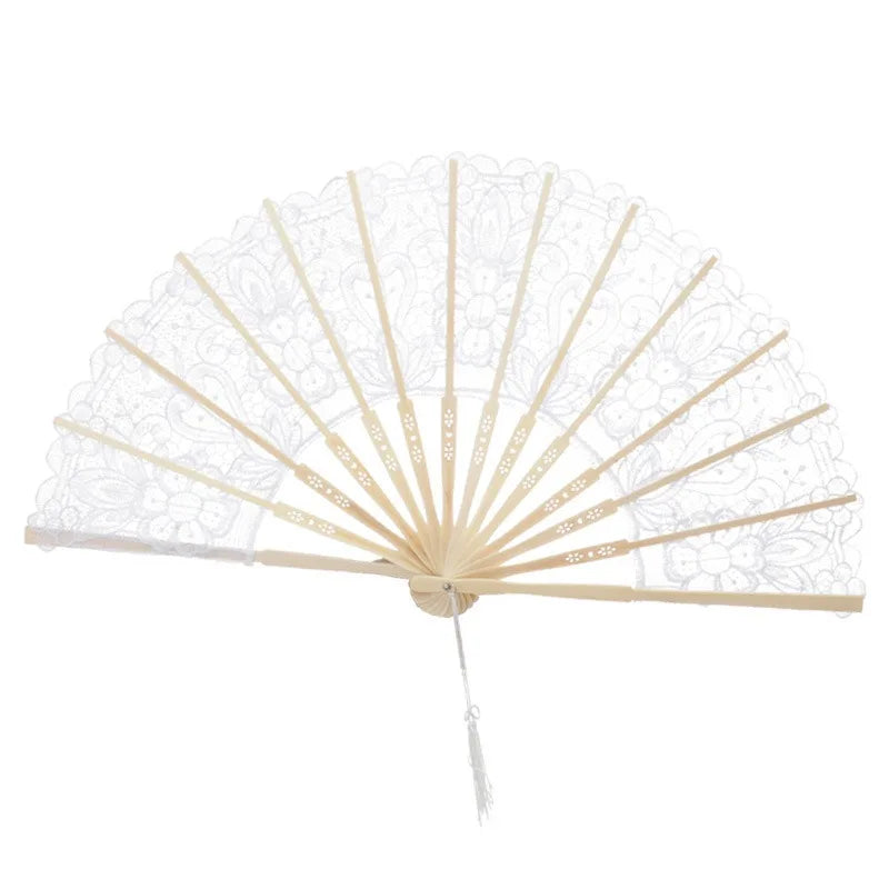 Elegant hollowout lace handheld fan with a light beige frame and delicate floral pattern