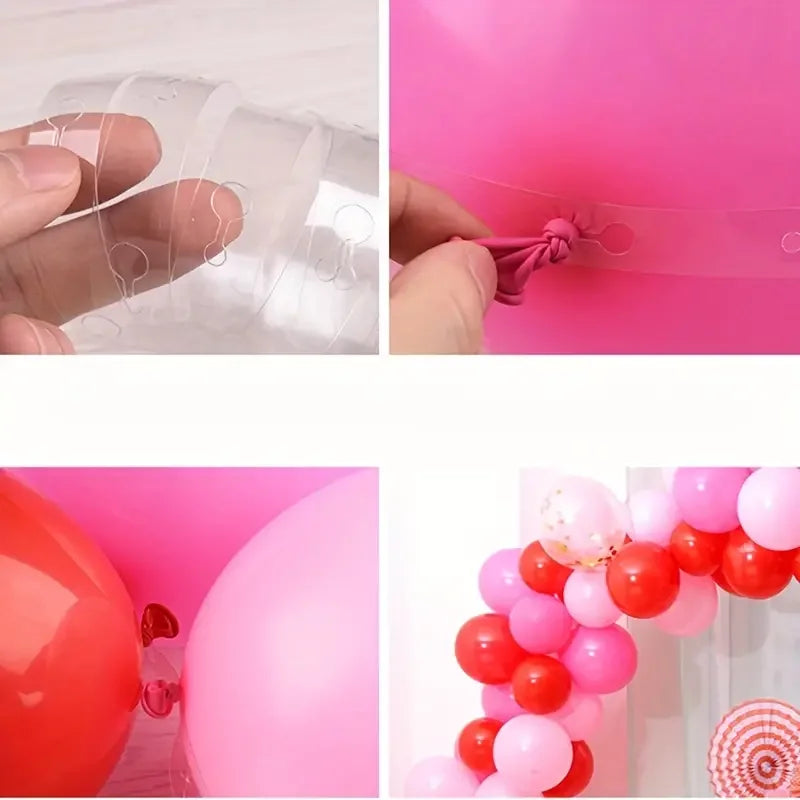A close-up of a clear plastic double-hole balloon is being attached to a pink balloon, used for a balloon garland.