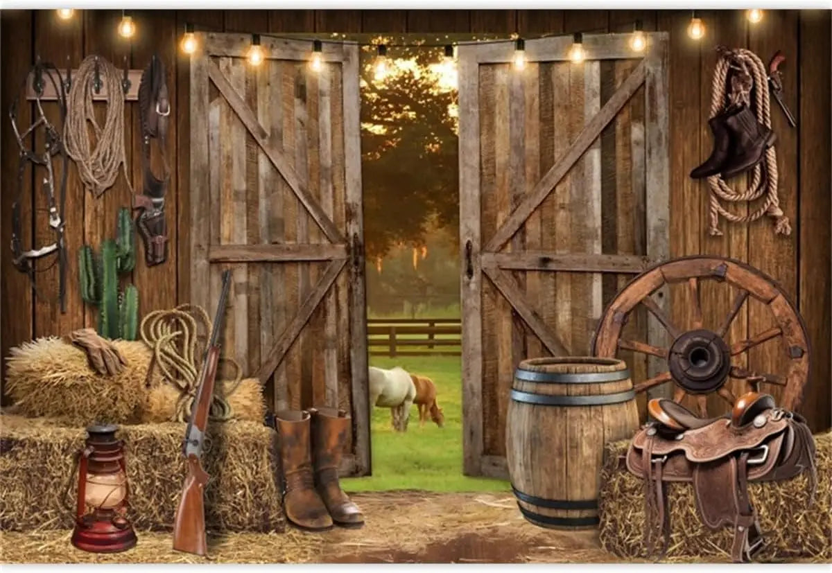 A rustic wooden barn door backdrop featuring antique Western tools, leather boots, and a wooden wagon wheel.