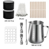 A complete candle making kit featuring a black tin, 50 pieces of thin metal rods, and a 900 ml stainless steel melting pot pi