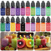 A set of 20 liquid pigment candles in various colors including blue, brown, purple, red, and green displayed on a wooden surf