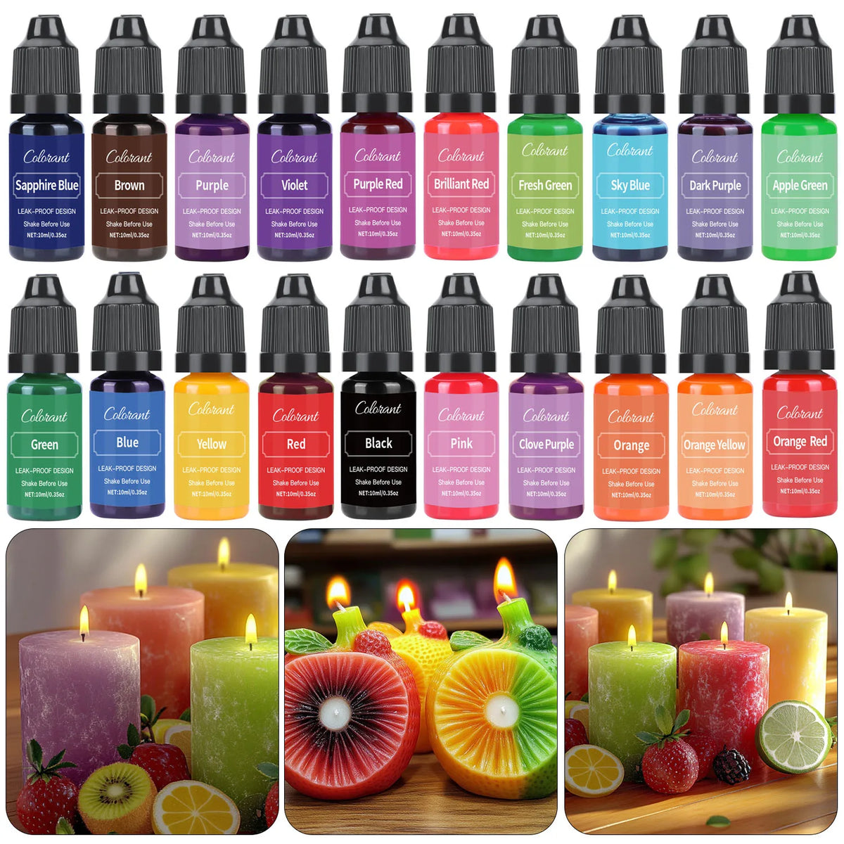A set of 20 liquid pigment candles in various colors including blue, brown, purple, red, and green displayed on a wooden surf