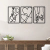 A set of three black metal line art prints depicting love and romantic motifs like a profile, a heart, and holding hands.