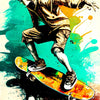 A person skateboarding is depicted in a dynamic pose against a vibrant teal and orange background.